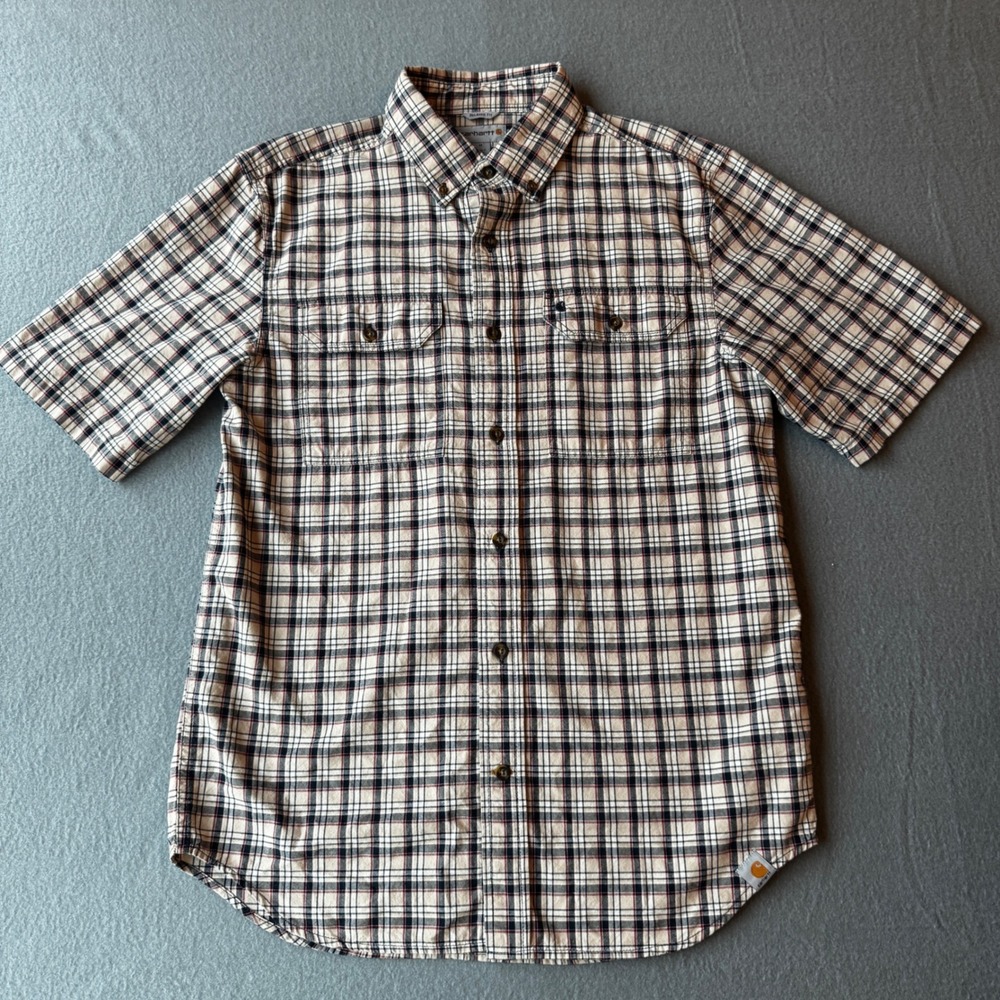 Carhartt Mens Plaid Short Sleeve Button Down Shirt Relaxed Fit Cream Navy 101553